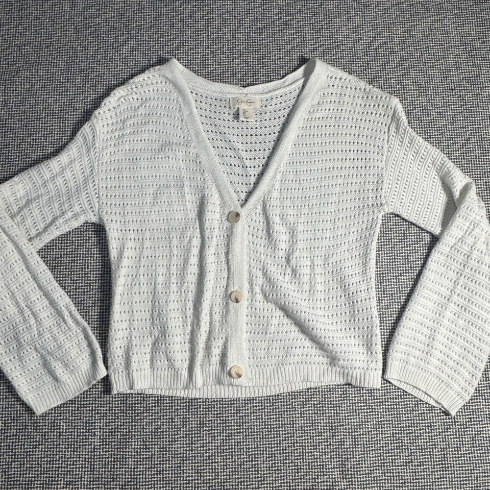 Jessica Simpson Womens White Open Knit Button Front V-Neck Cardigan Sweater L